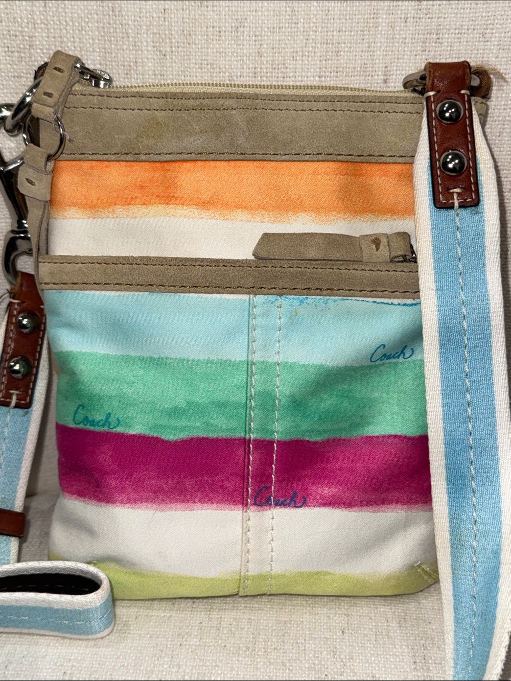 Coach Multicolor Swing Back Stripe Canvas Crossbody with Tan Suede Trim
